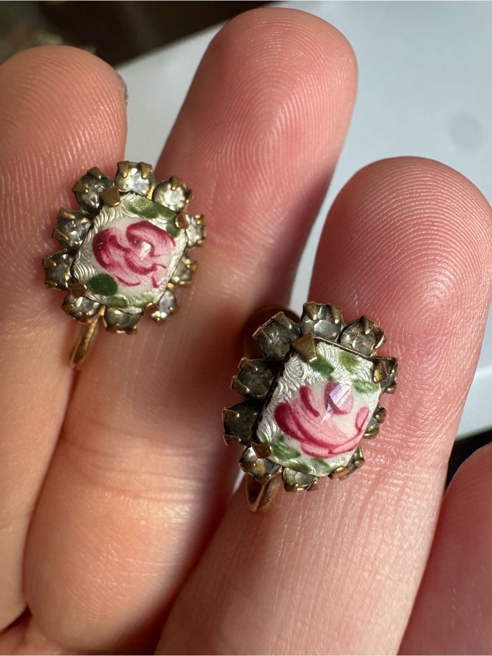 Vintage 1940s Guilloche Enamel Rose Rhinestone Screw Back Earring Set